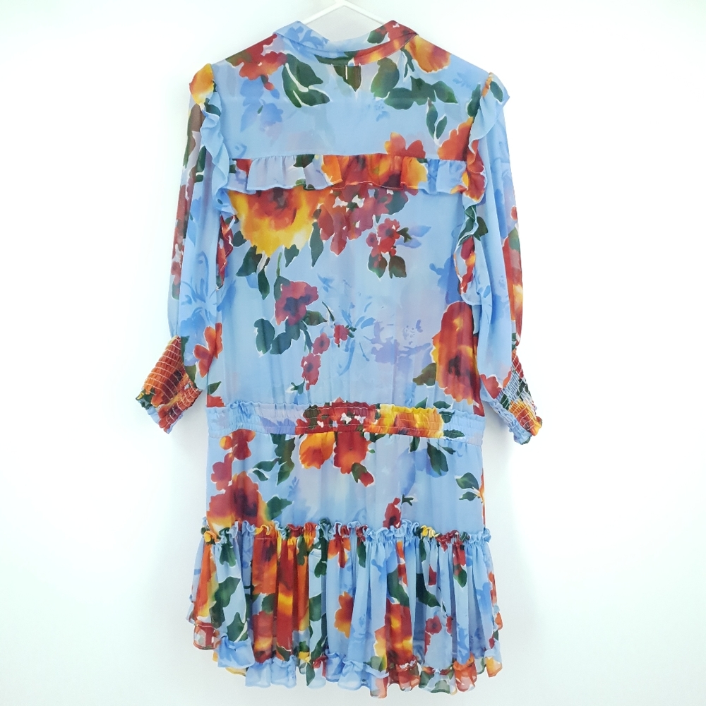Misa Los Angeles Enya Floral Sheer Mini Dress Long Sleeve Orange & Blue Women XL - Picture 3 of 15